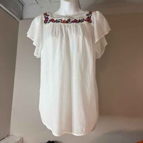 Liz Claiborne Women’s 0X Peasant Blouse Tunic Embroidered Floral White - Picture 1 of 5